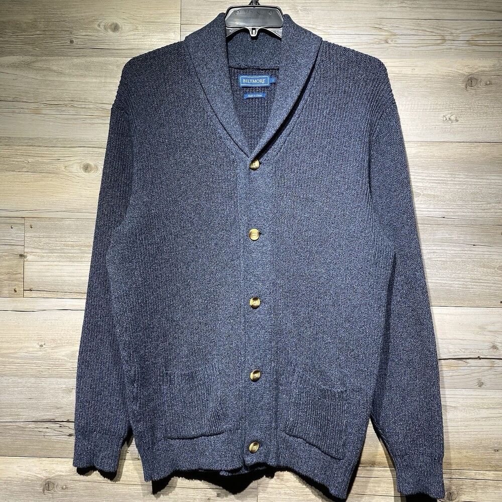 Biltmore Button Up Cardigan Sweater Mens Large Shawl Collar Blue Cotton Grandpa